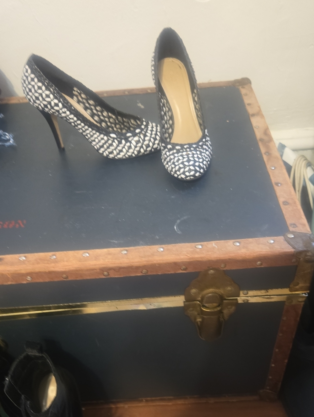 Black and White Patterned High Heel Pumps - Women